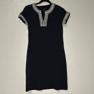 Talbots Petite Shift Dress Blue Embroidered Split Neck S Petite
